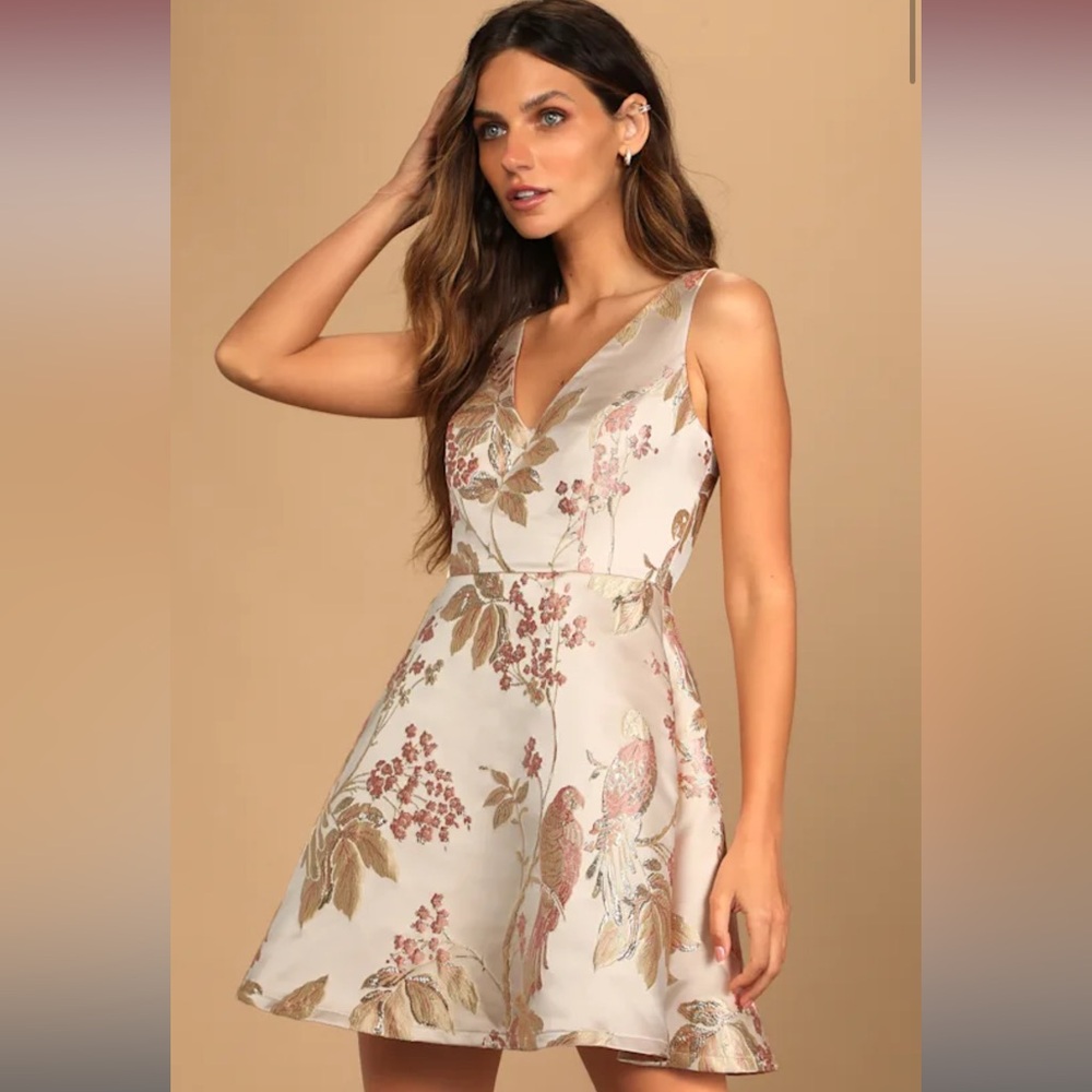 Revel in the Magic Beige Floral Jacquard Skater Mini Dress S